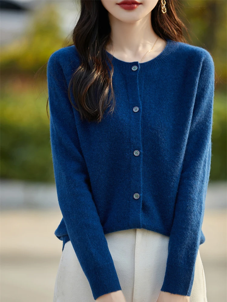 Fashion Basic Women Merino Wool Sweater Cashmere Cardigan O-Neck Knitwear Slim Solid Collar Clothing Tops