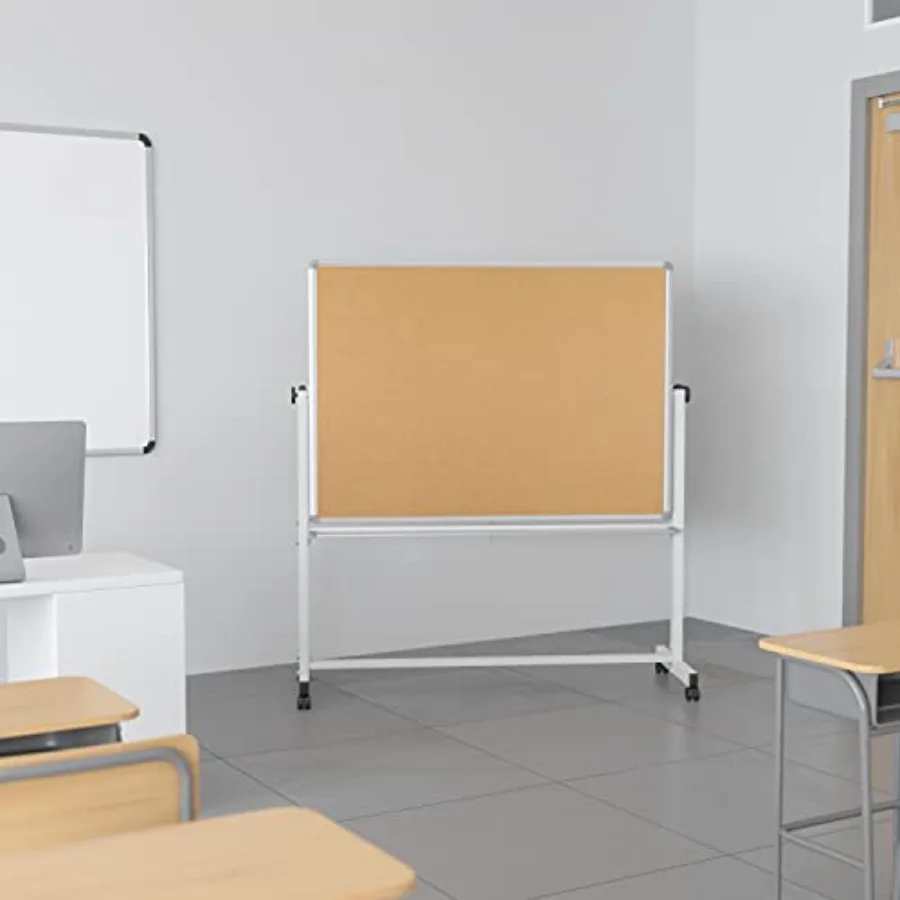 Tablero de Corcho Móvil Reversible de 53" de Ancho x 59" de Alto y Pizarra Blanca con Bandeja para Bolígrafos
