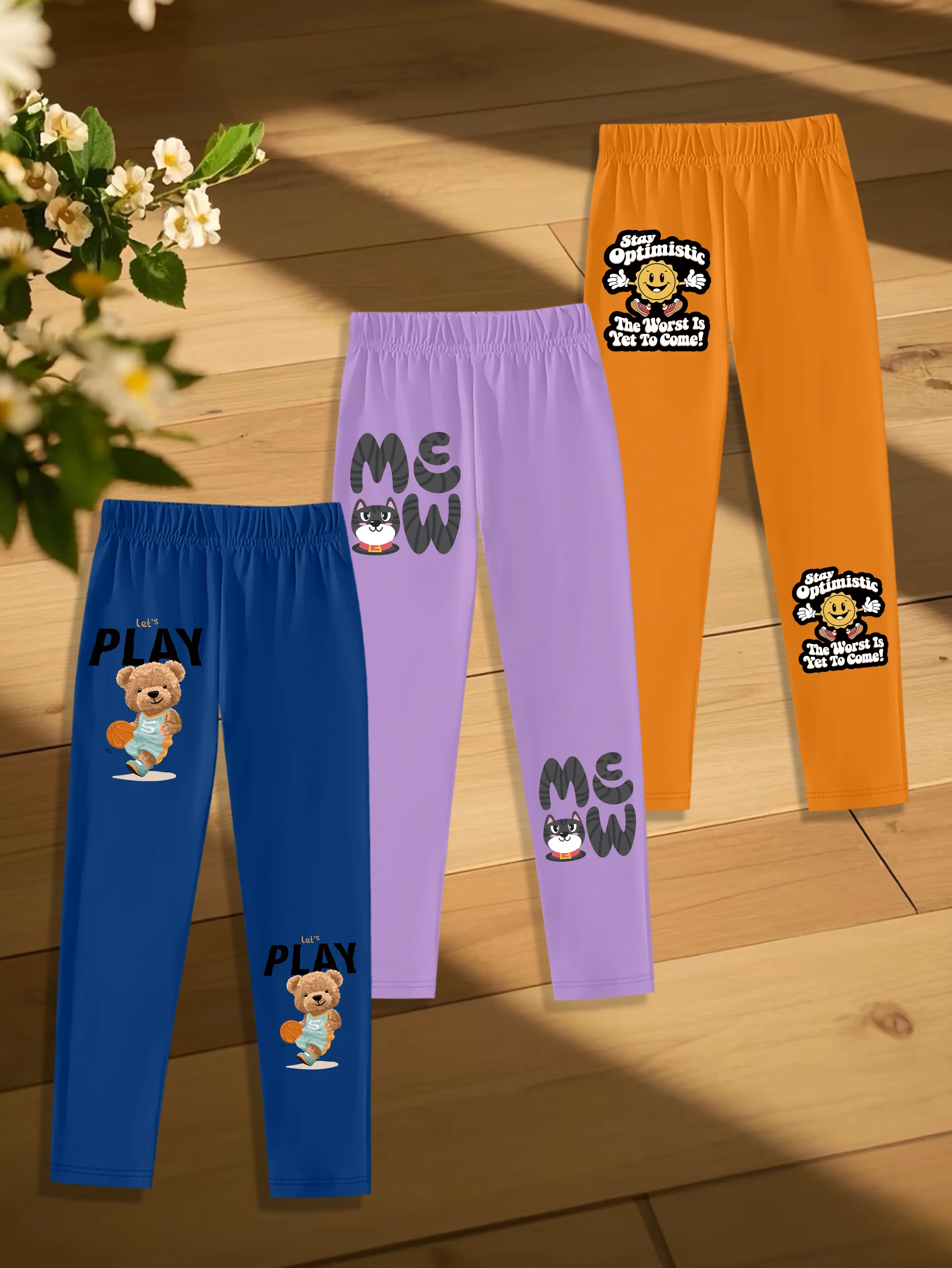 

3 шт.: Осенние повседневные леггинсы для мальчиков с принтами мультяшных баскетбольных медведей, кошек и солнца