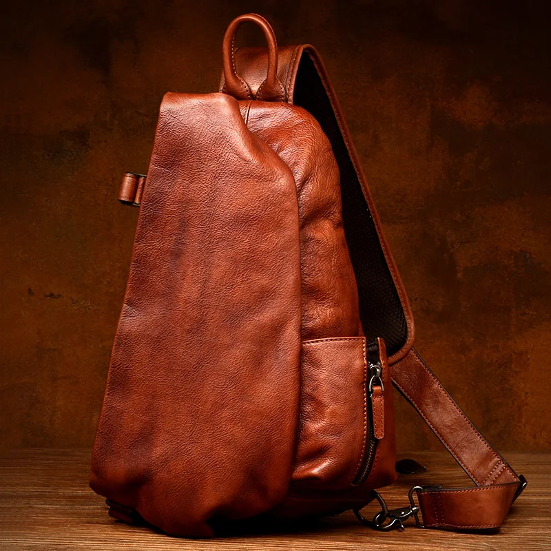 Luxury Men's Backpack Retro Handmade Genuine Leather Chest Bag Casual Messenger Bag Top Layer Vegetable Tanning Leather