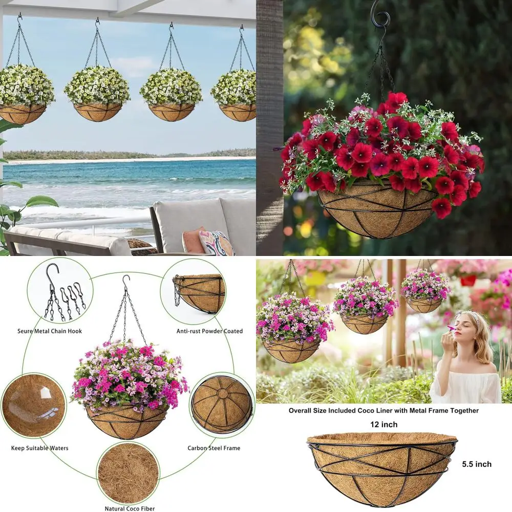 

Набор из 4 подвесных кашпо диаметром 12 дюймов для уличных растений, металлические кашпо с системой полива, с вкладышами или круглые подвесные горшки для растений