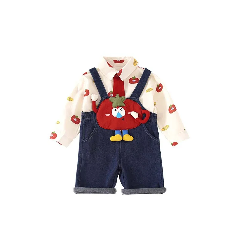 بقعة GoodsQT255326Boy's Suit2025الخريف الطفل الكرتون قميص وزرة الدنيم قطعتين مجموعة