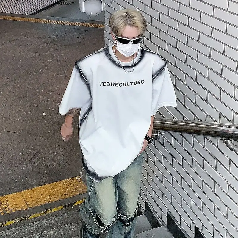

Juspinice American Street T-shirt for Men Vintage Tie-dye Gradient Shoulder Pad Short Sleeve Metal Printed Half-sleeved Tees