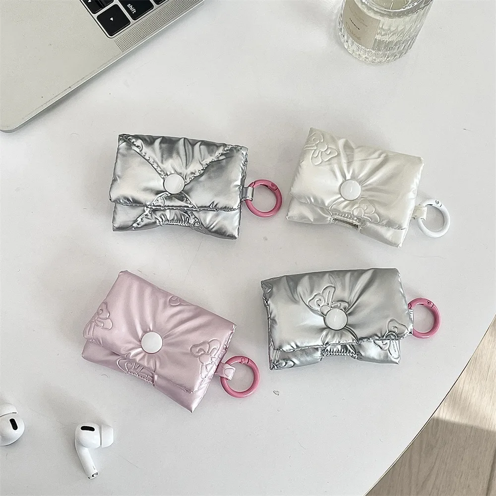Balletcore Heart Earphone Bag Korean Style Soft Bow Headphone Storage Bag PU Leather Silver Bluetooth Headset Earphone Case Kids