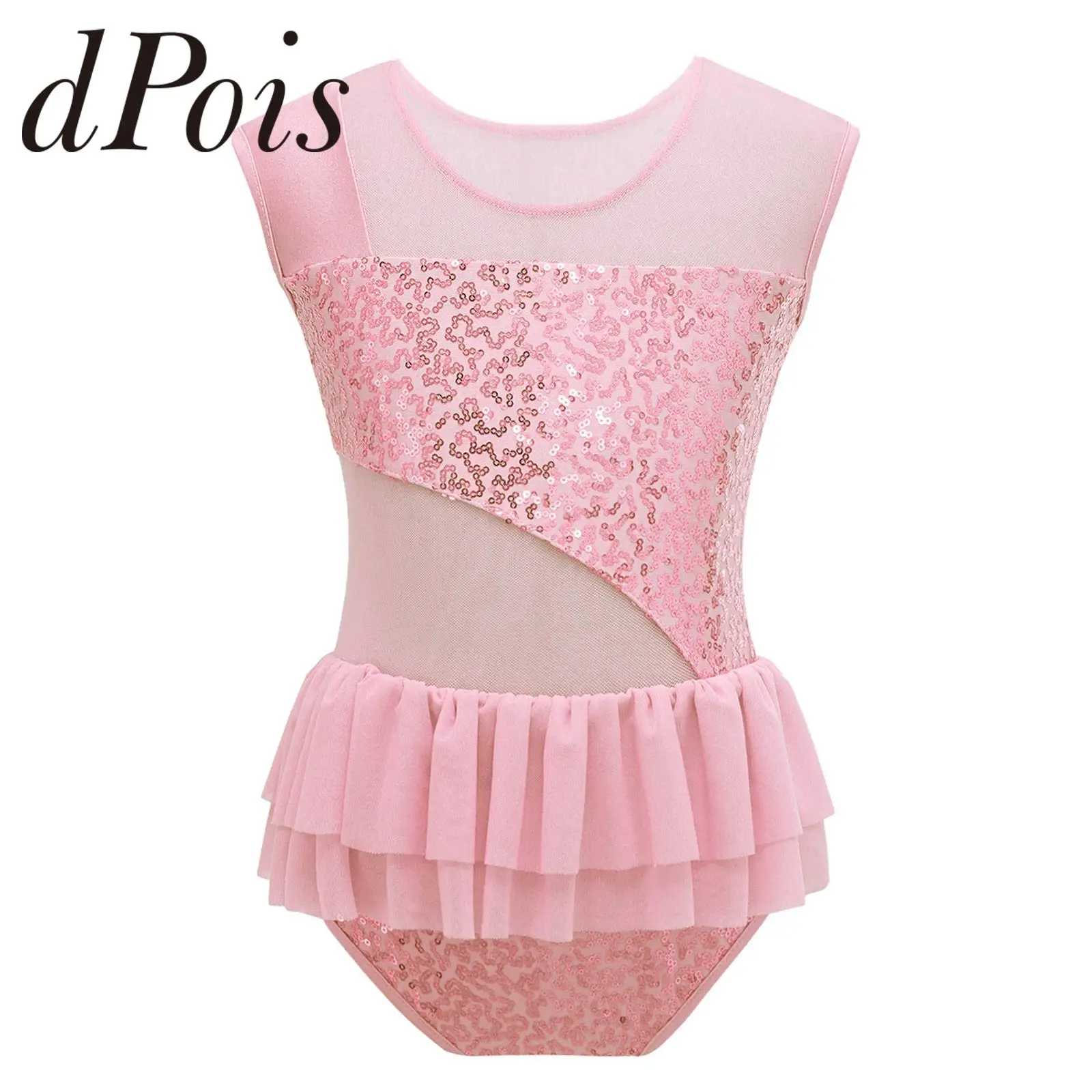 Kids Girls Sequins Gymnastics Leotards Sleeveless Ballet Dance Leotards Bodysuit Ballerina Children Figure Ice Skating Jumpsuit