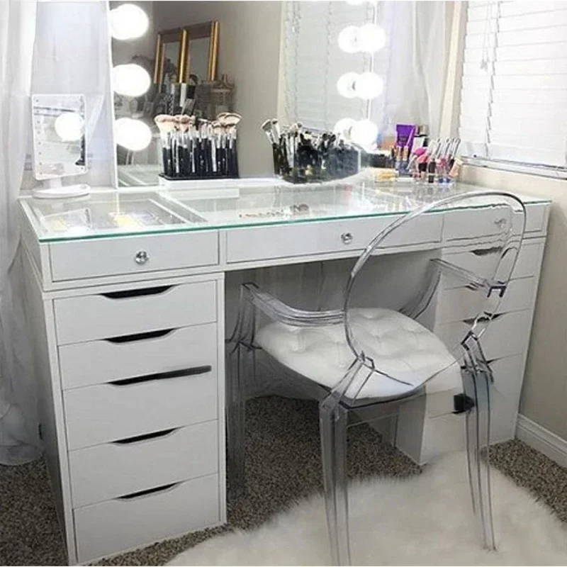 

Modern white dressing and makeup table with illuminated mirrors