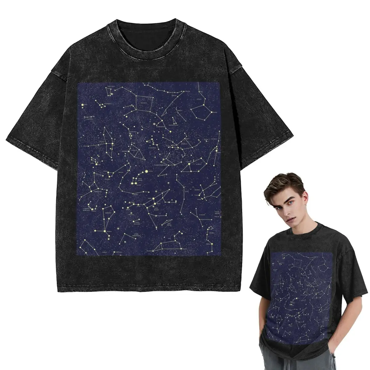 Streetwear T-Shirts Night Sky Golden Celestial Stars Zodiac Constellations Washed T Shirt Short Sleeve Hip Hop T-Shirt Tops Tees