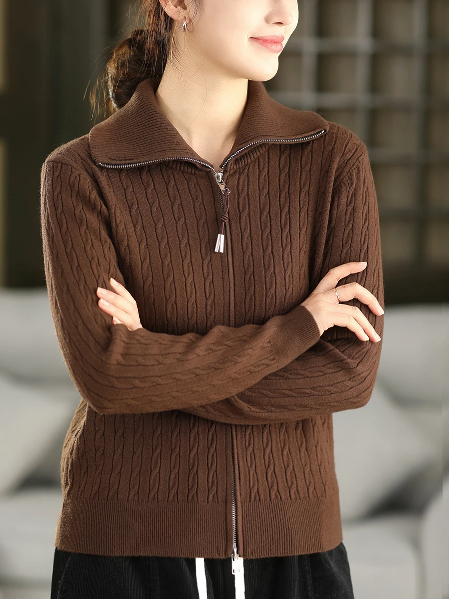 

Thiened Heavy Work Twisted Knitted Sweater Coat Women's Small Size Double Zipper Faion Outerwear Long Sve Winter Top