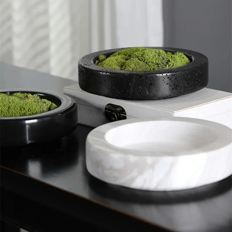 Natural Marble Green Planter Flower Pot Luxury Stone Simulation Moss Flowerpot Round Travertine Vase Home Coffee Table Decoratio