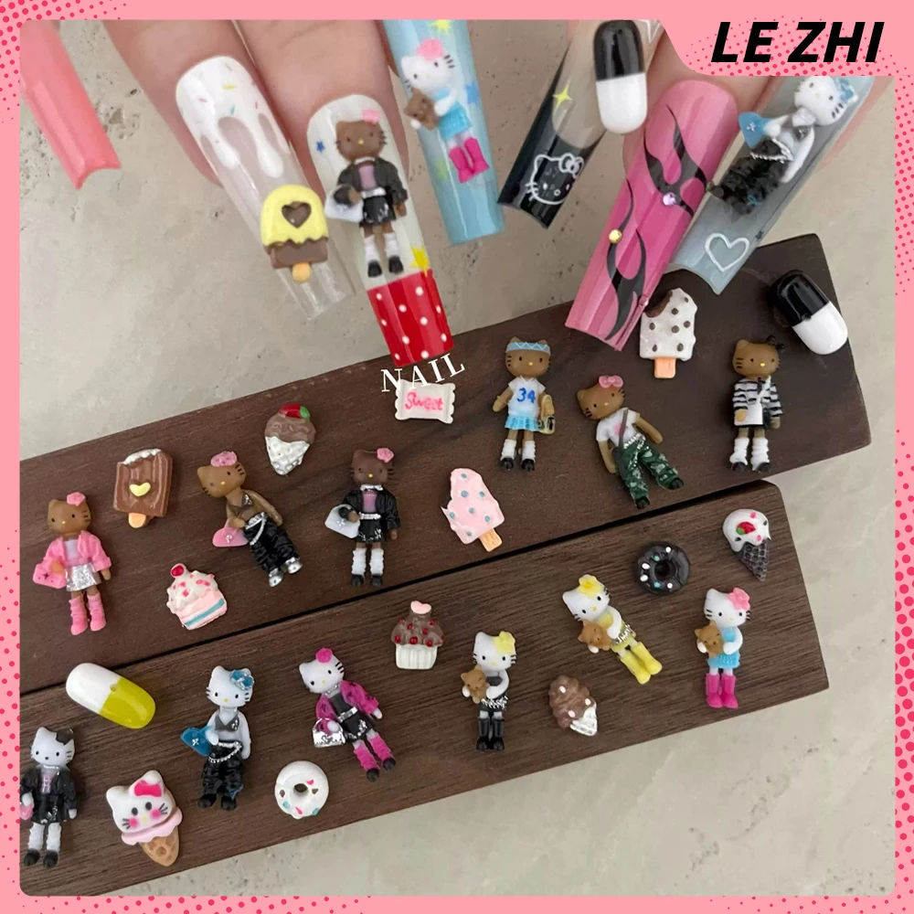 

1/5Pcs Y2K Spice Girl Sanrio Long Legs Black Skin Hello Kitty Nail Charms 3D Ice Cream Cake Doughnut Phone Case Nail Supplies