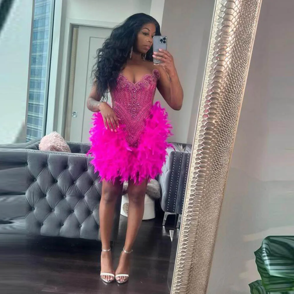 Hot Pink Sexy Cocktail Party Dresses With Beaded  Feathers  Black Girls Short Prom Dress Birthday Gowns For Photos