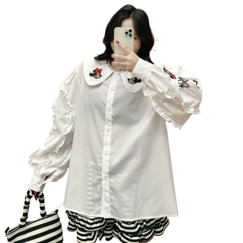 

Весенняя новинка: блузка в стиле Мори с воротником «Питер Пэн» и принтом Микки — уникальный дизайн, элегантный, нишевый, в стиле преппи, свободного кроя, с длинным рукавом