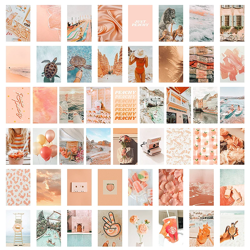 50Pcs Peach Beach Collage Card Set Pink Peach Cardstock Wall Collage Posters Home Decor for Bedroom Dormitory Apartment Studio