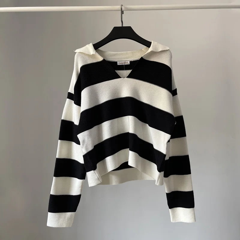 [YOZOU] Luxury Vintage Simple Knitwear Woman Sweater Striped V Neck Loose Knitted Pullover Jumper Tops Female Korean Ladies