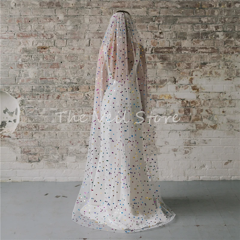 Colorful Rainbow Polka Dots Bridal Wedding Veils With Comb Blusher Mesh Tulle Multicoloured Sparkly Cathedral Long Two Layers