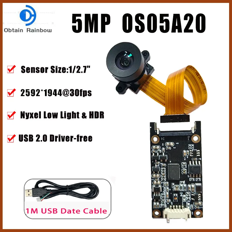 2592*1944 2K 5MP OS05A20 USB Camera Module No Distortion 100° FF Fixed Focus  UVC OTG Drive Free 2.0 FPC Cable
