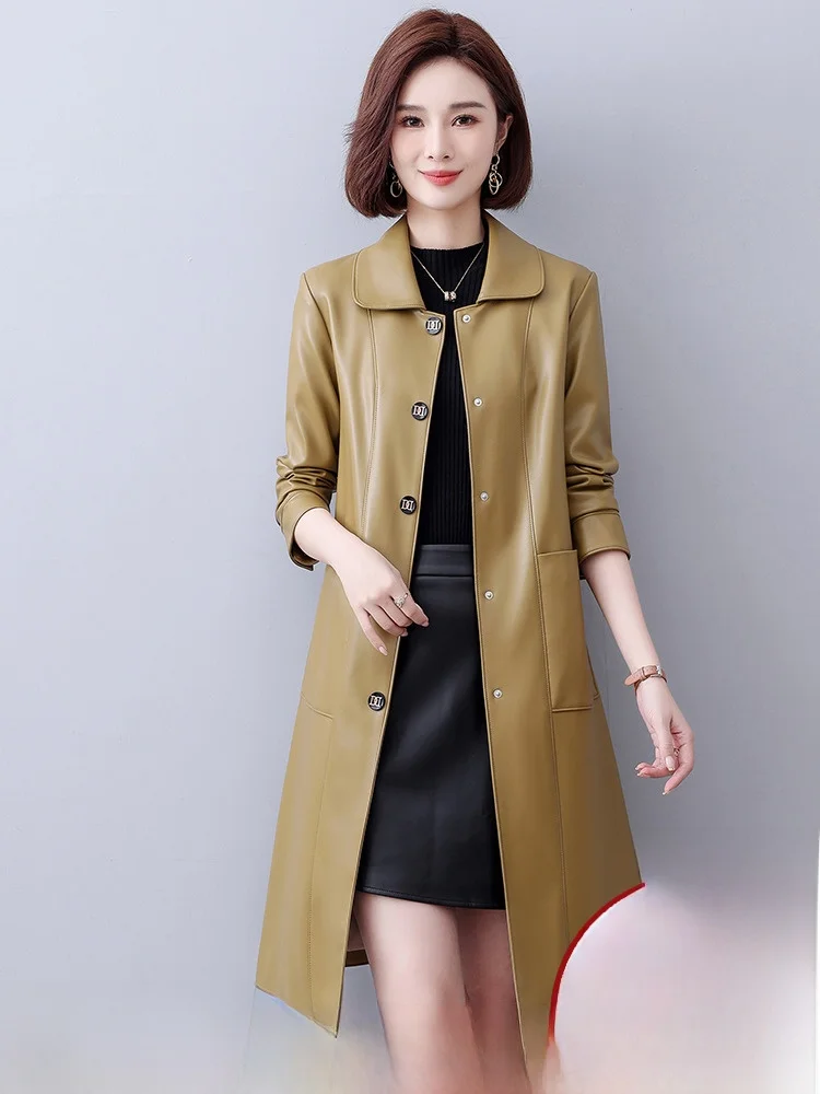 

Осенне-зимняя женская кожаная куртка средней длины из овчины, приталенная, больших размеров, для повседневной носки, без мехового воротника, с длинными рукавами