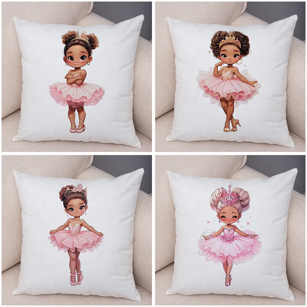 Nordic Style Pink Princess Girl Cushion Cover Decor Cartoon African Girl Pillow Case for Sofa Super Soft Short Plush Pillowcase