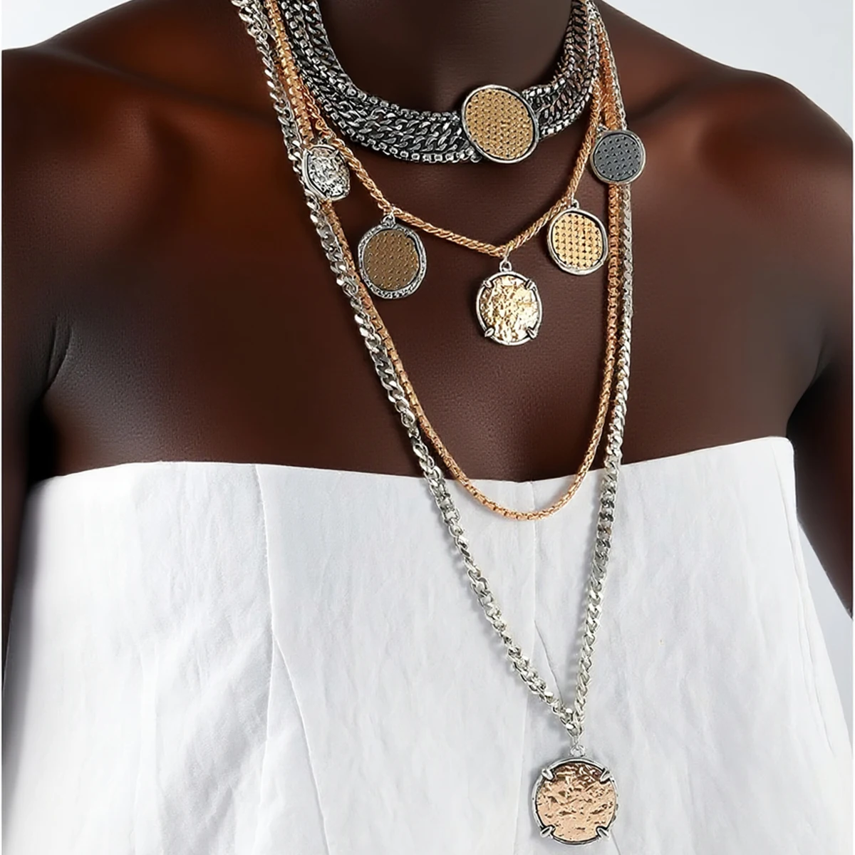 

ZAA Punk Cuban Chain Multi-layer Round Coin Pendant Necklace for Women Holiday Party Jewelry Neck Accessories