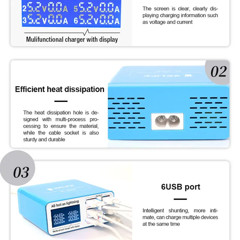 RL-304P LCD Digital Display Quick USB Charger Multiple 3.0 USB Fast Charging Support for iPhone Xiaomi Huawei Samsung Tablet