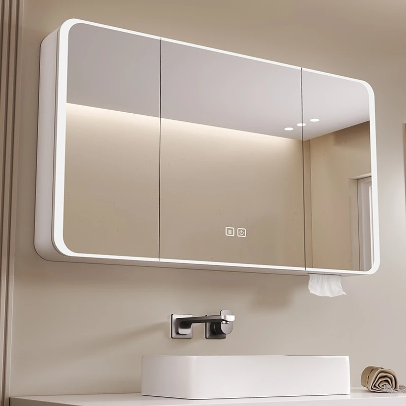 

Изогнутый космический алюминиевый зеркальный шкаф для ванной комнаты, отдельное настенное умное зеркало для ванной комнаты с легким шкафом для хранения