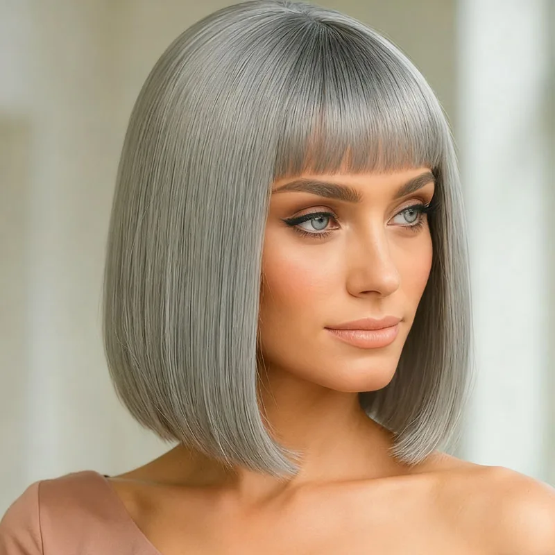 

12 inch women's silver gray straight wave wig with bangs, synthetic heat-resistant fiber, multifunctional cosplay Halloween