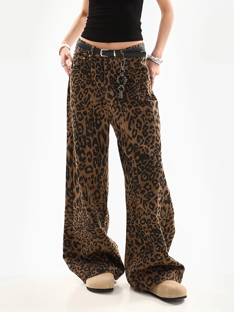 Jeans feminino retrô com estampa leopardo reto, calça feminina vintage, calças largas largas largas largas, streetwear, estilo de rua