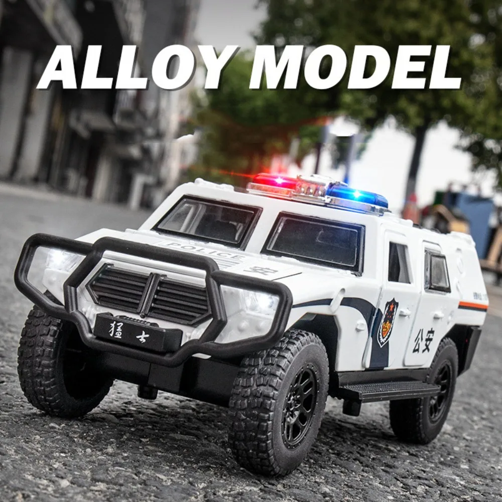 

1/32 Dongfeng Warrior Toys Cars Model Alloy Diecast SUV Police Car Sound Light Pull Back Metal Body Rubber Tire Toys Kids Gifts