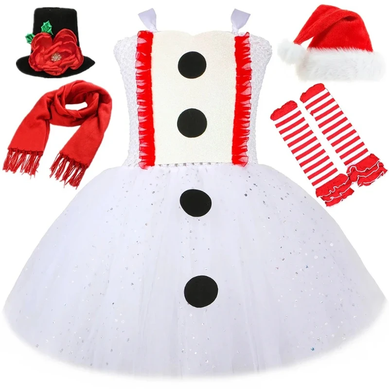 Snowman Christmas Dress Girls Kids White Olaf Costume Fluffy Xmas Tutu Dress Toddler Girls Birthday Party Clothes Outfits Gifts