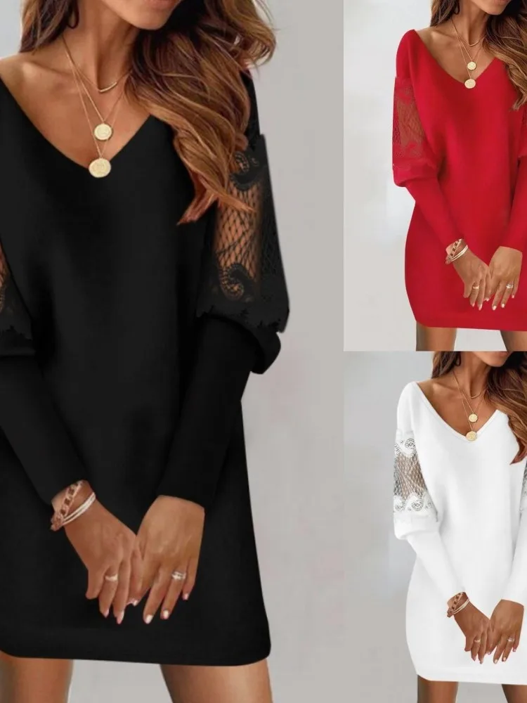 Spring Summer New Sexy V-neck Long Sleeved Dress Fashionable Printed Lace Patchwork Hollow Casual Short Dress