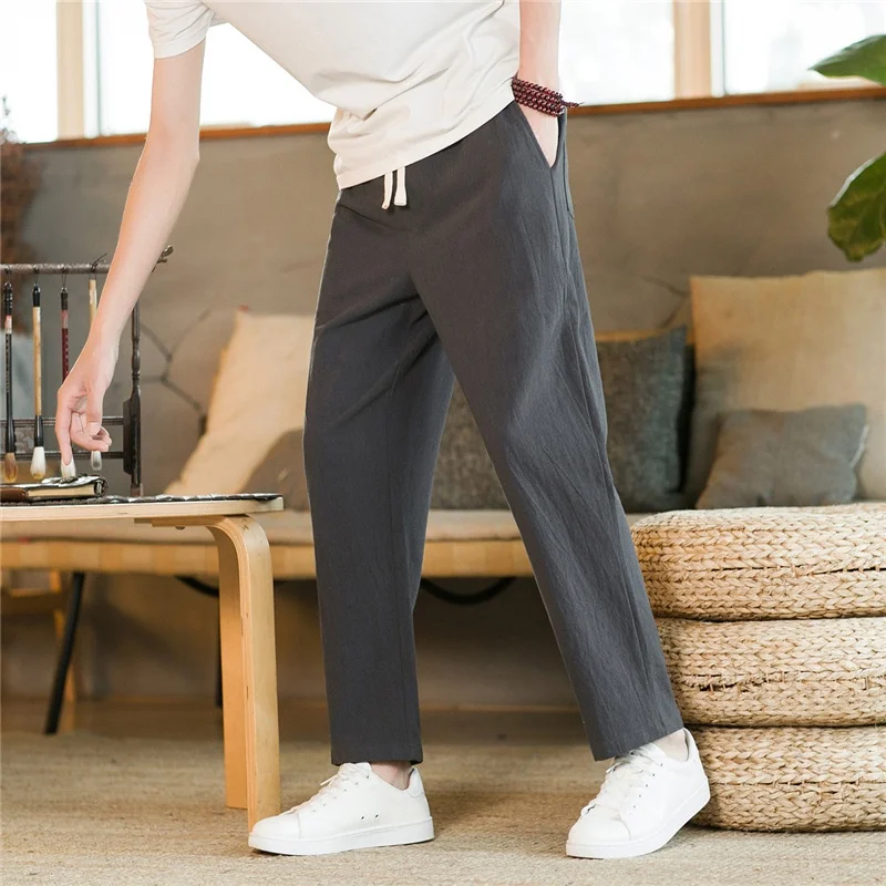 Pure Cotton Linen Men's Summer Thin Nine-Piece Casual Pants Loose Straight Leg Breathable Comfortable Straight Cut Trousers