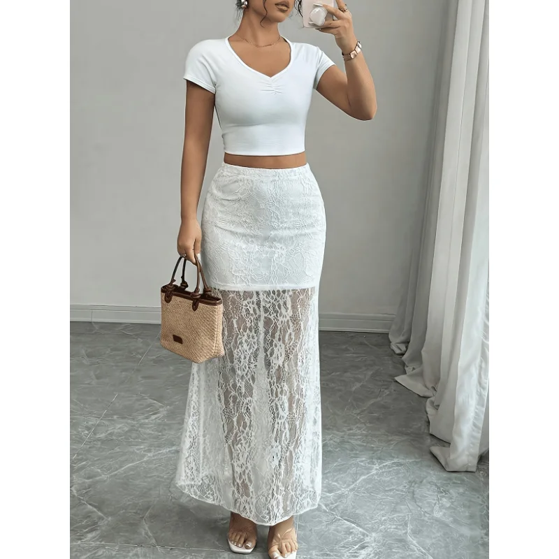 Women'S Elegant Solid Color Tulle Lace Jacquard Skirt, Long Lace Skirt, Women'S Lace Skirt
