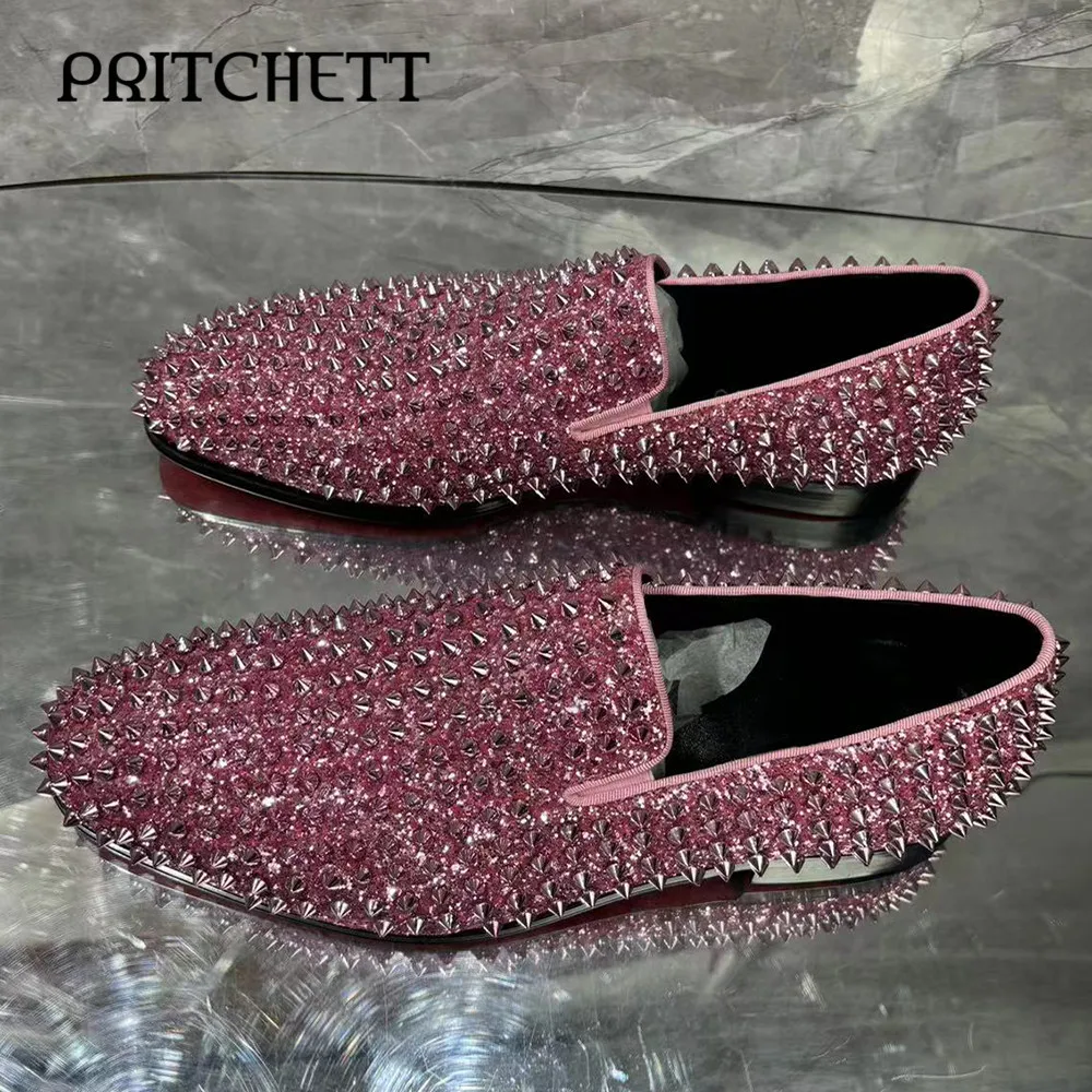 

Pink Crushed Diamond Crystal Luxury Shoes Personalized Rivet Slip-On Thick Heel Casual Shoes Large Size Performance Men's Shoes