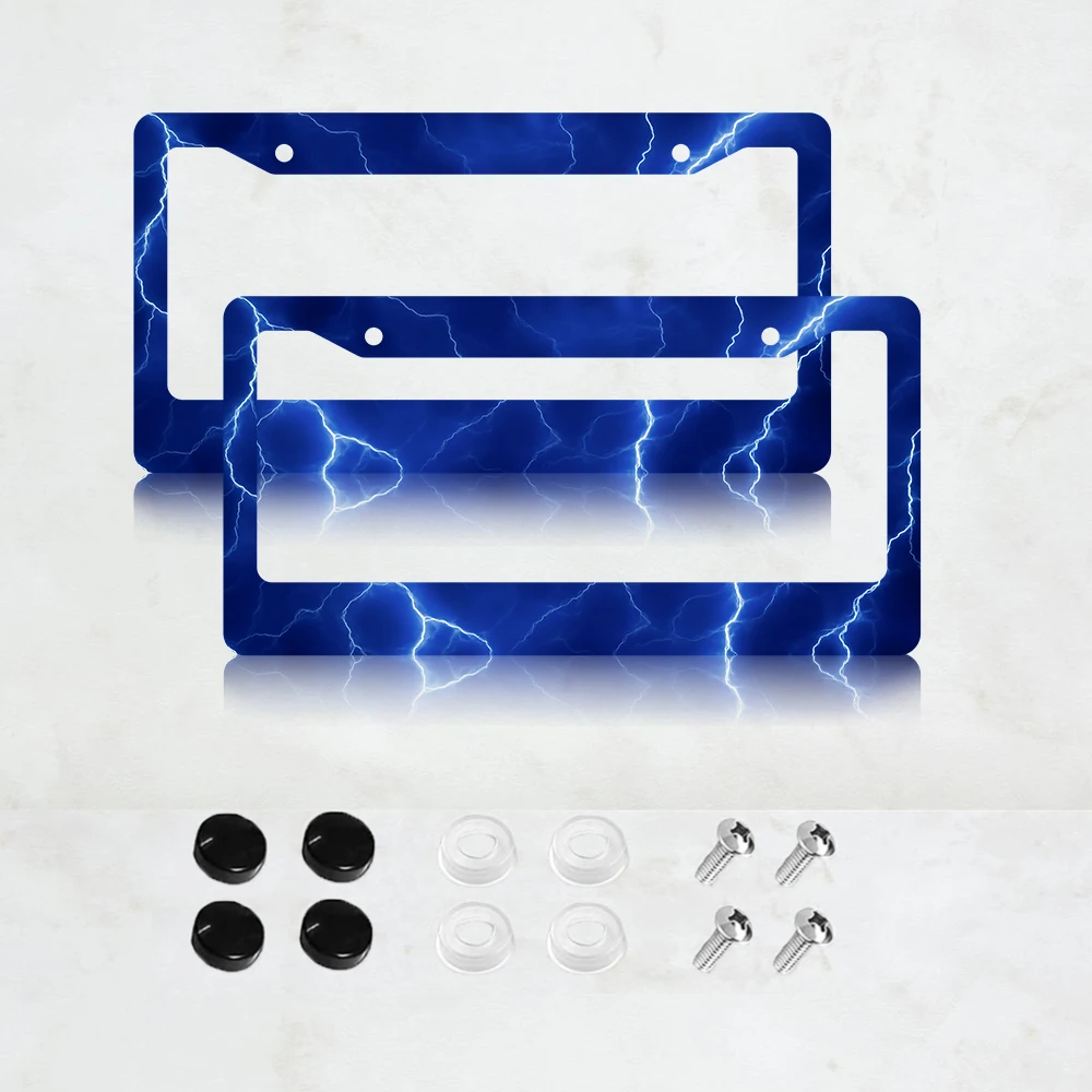 

2PC 2-Hole License Plate Frame in Blue Lightning Design, Aluminum, 6x12 Inches, with Screws, USA Canada Mexico Standard Size