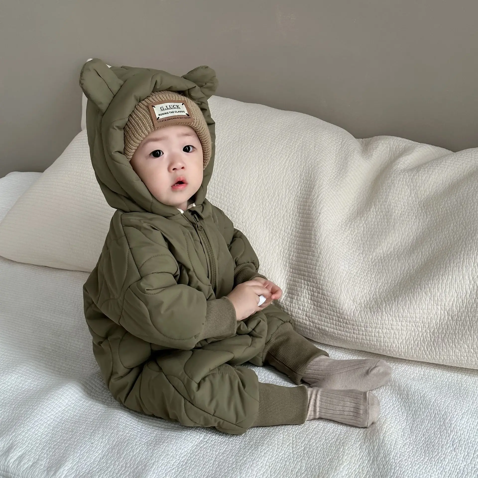 2024 Winter New Baby Boy Long Sleeve Warm Romper Plus Velvet Thick Newborn Toddler Jumpsuit Infant Hooded Padded Jacket 0-24M image 3