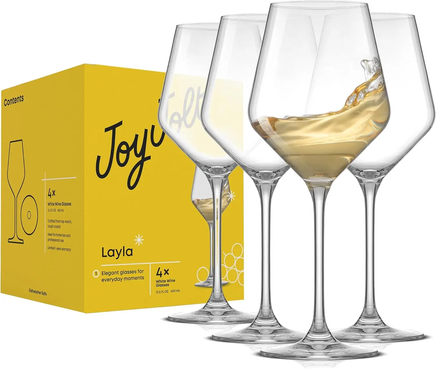 

Бокалы для белого вина JoyJolt Layla, набор из 4 итальянских бокалов, прозрачные, 13,5 унции — сделано в Европе