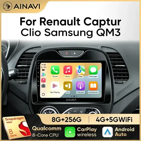 Renault Kaptur Captur Clio Samsung QM3 2013-2020 2015 2016 무선 Carplay 멀티미디어 Android Auto 4G 2Din 용 Ainavi 자동차 라디오