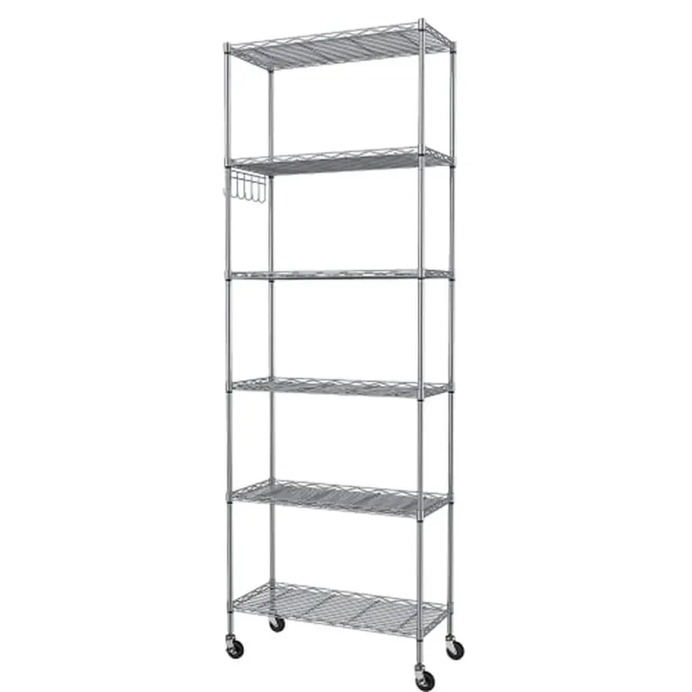 6-Tier Adjustable Wire Shelving Rack with Caster Wheels and Side Hooks Industrial Grade Storage Unit Home Organization Rust