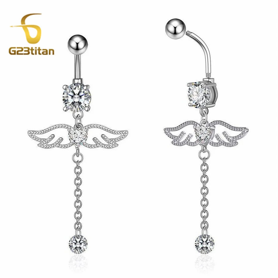 G23Titan تشيكوسلوفاكيا الزركون القلب الملاك الجناح البطن الدائري 14 جرام التيتانيوم منحني الحديد طويل شرابة السرة القرط النساء هيئة ثقب المجوهرات #5