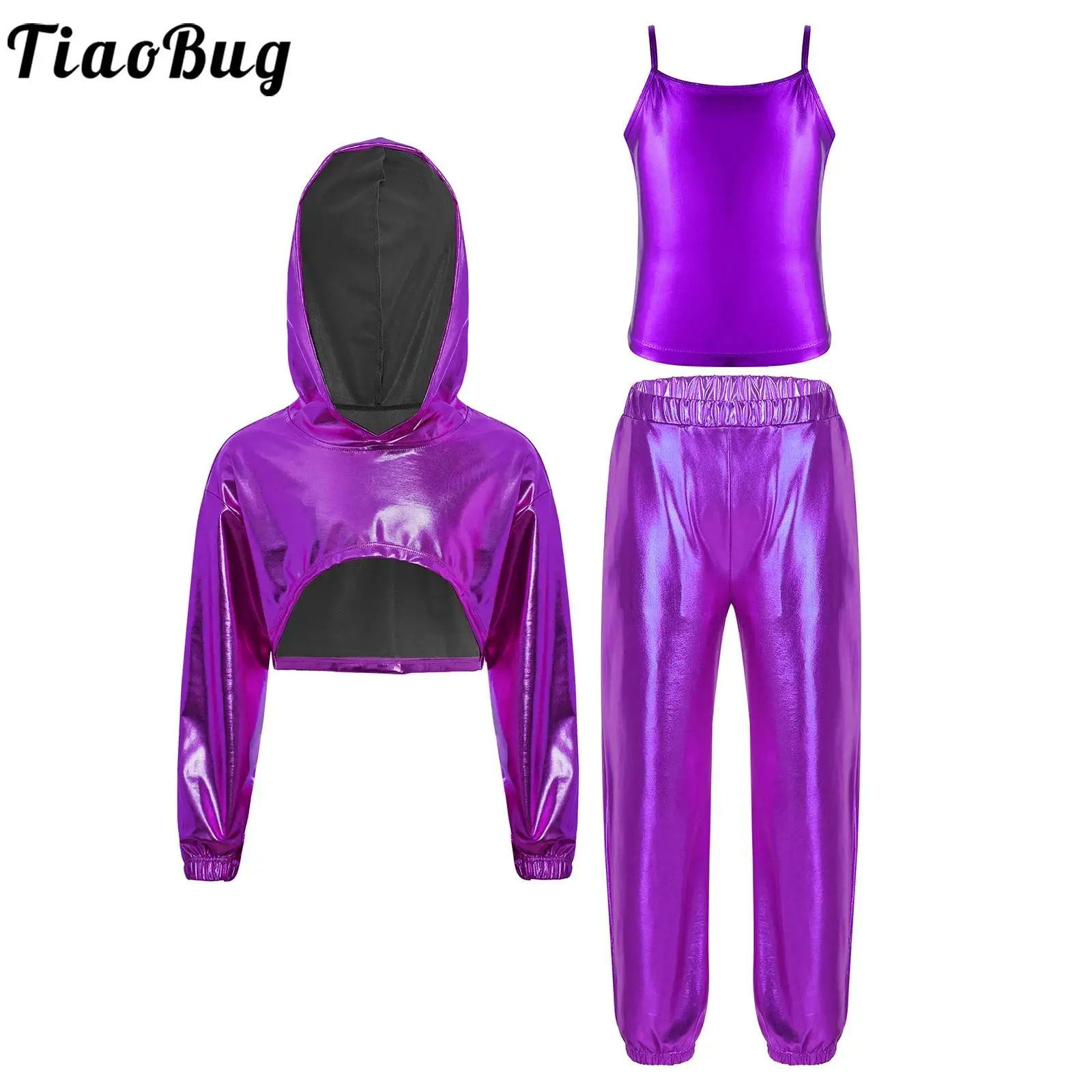 

Kids Girls Hip-Hop Jazz Dance Costume Metallic Modern Street Dancewear Long Sleeve Cropped Hoodie Shirts Camisole with Pants