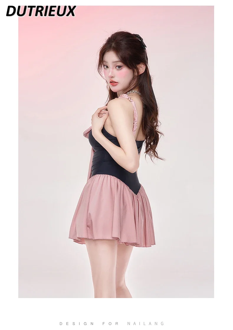 2024 Summer New Swimsuit Female Black Pink Bowknot Pure Desire Girl Dress Type Anti-Exposure Cute Slim-Fit Hot Spring Swimwear