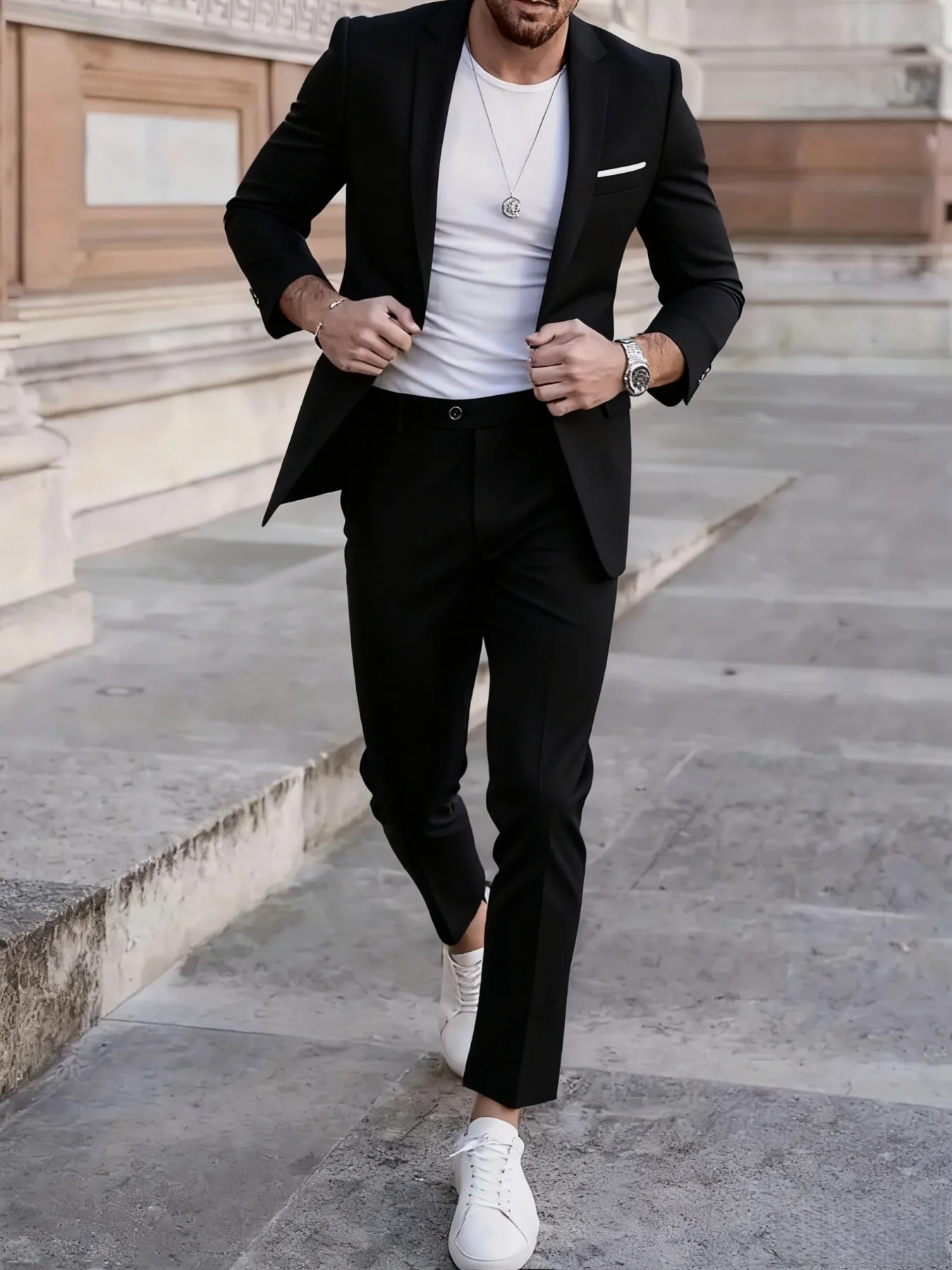 

2pcs Men's Formal Dress Suit Set, Jacket With Collar & Trousers, Ideal for Wedding, Party And Business Event