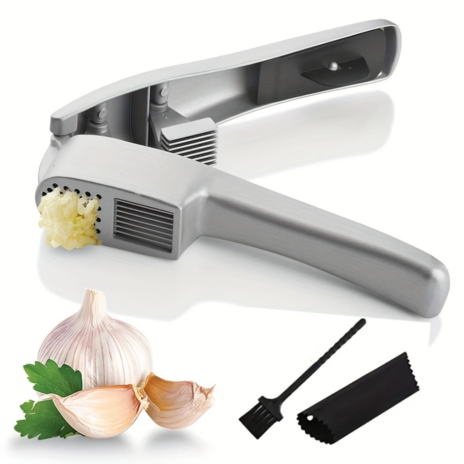 

Effortless 2in1 Stainless Steel Garlic Press & Slicer Set - 3pcs - Premium Quality Kitchen Gadgets with Washable Mincer, Chopper