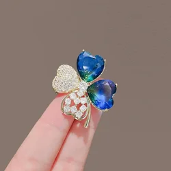 Luxury Blue Crystal Flower Brooches for Women High-end Four Leaf Clover Love Heart Badges Lapel Cap Pins Accessories Jewelry