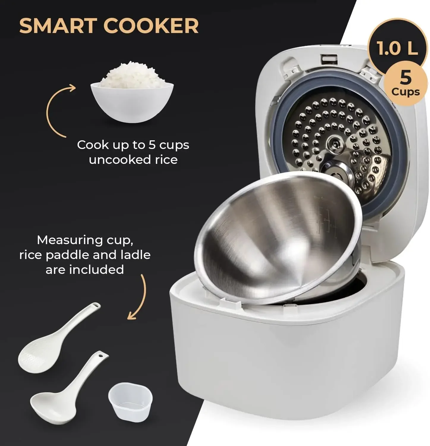 SMART COOKER, Rice Cooker and Warmer, 1 L, 5 cups of rice, Non-Coating inner pot, Efficient, Multiple function, Inducti