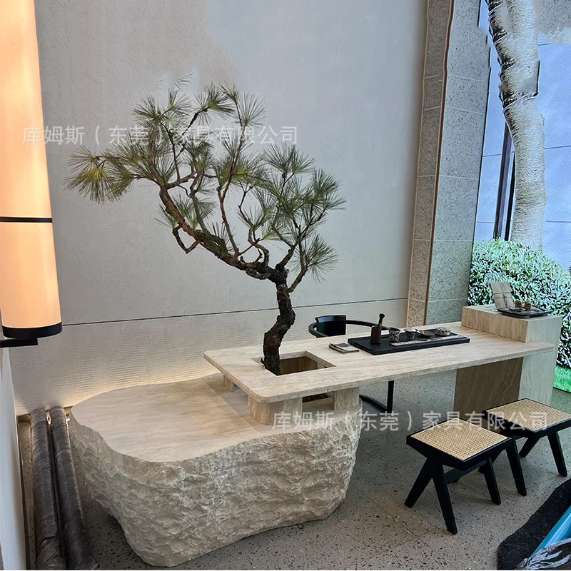 Wabi-sabi style natural travertine coffee table designer retro special-shaped tea table