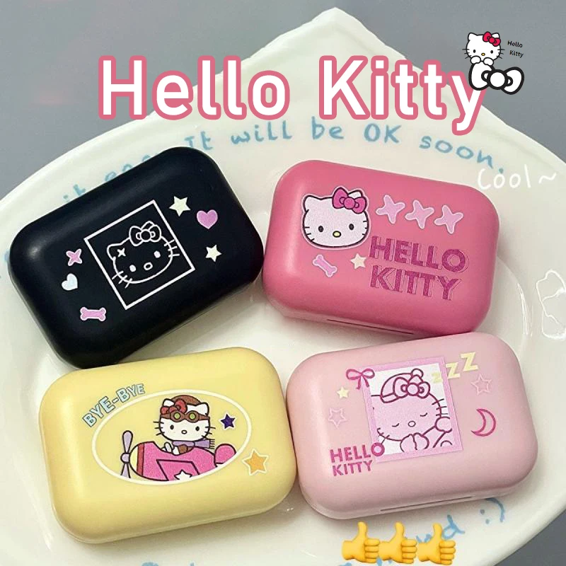 New Sanrio Hello Kitty Contact Lens Case with Mirror Cosmetic Contact Lenses Box Mini Portable Ins Cute Girl Gift For Girlfriend