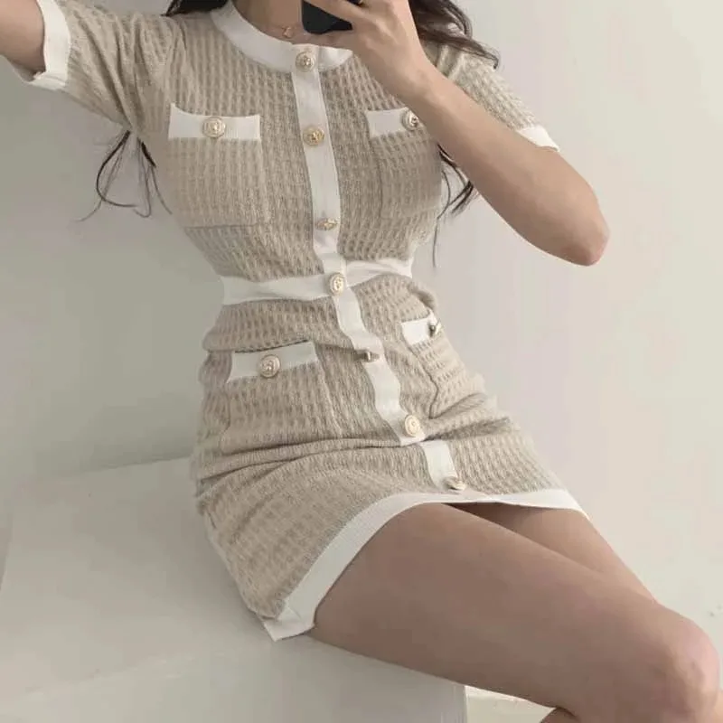 Korean Style Knitted Dress Elegant Slim Button Bodycon Mini Dress Casual New Short Sleeve Dress Feminina Clothing Vestidos 12105