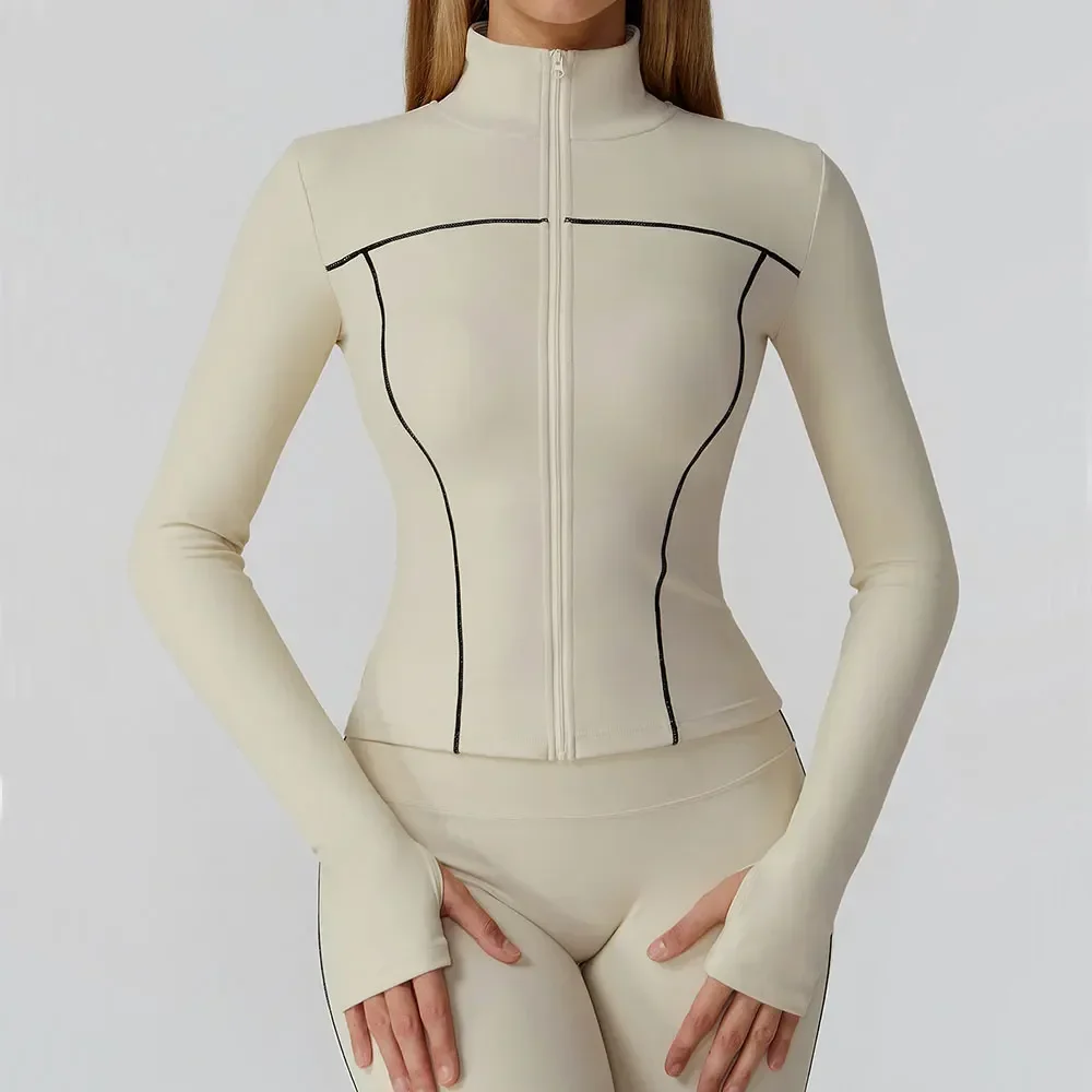 سترة رياضية نسائية بسحاب معطف يوجا ملابس سريعة الجفاف سترة لياقة بدنية للجري بأكمام طويلة وفتحة إبهام ملابس رياضية للتمرين في صالة الألعاب الرياضية