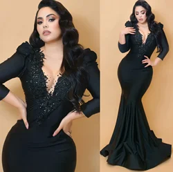 Classic black sexy mermaid deep V-neck lace applique bag hip long sleeve party Birthday party dance wedding custom evening dress